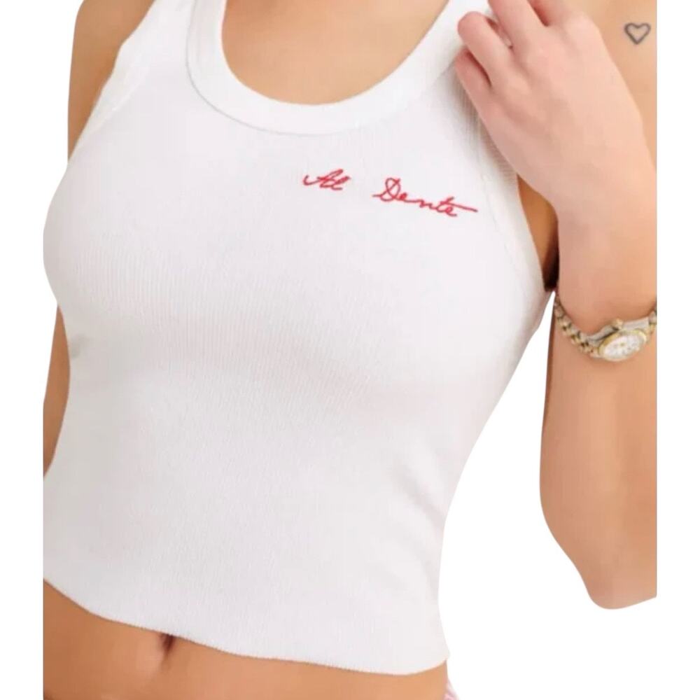 Rumored Al Dente Yankee Tank Top White Ribbed Embroidered Crop Racerback L NWT